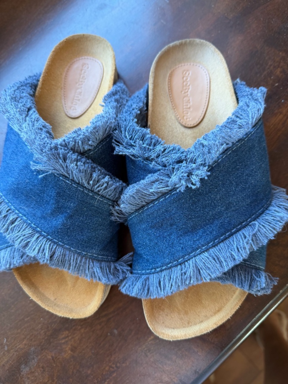 See By Chloé Frayed Denim Slide Sandals - Blue